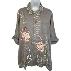 Kyla Seo XL Hand-Embroidered Cotton Tunic Shirt Gray Boho Artisan Blouse